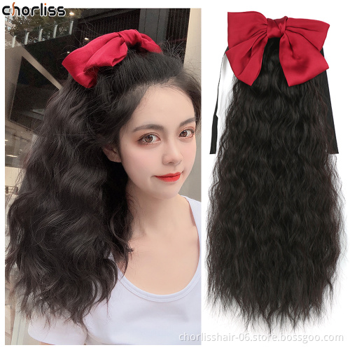 Wholesale 20''Black Brown Long Kinky Curly Wave Synthetic Bowknot Drawetring Ponytail Wrap Clip in Hair Extension For Women